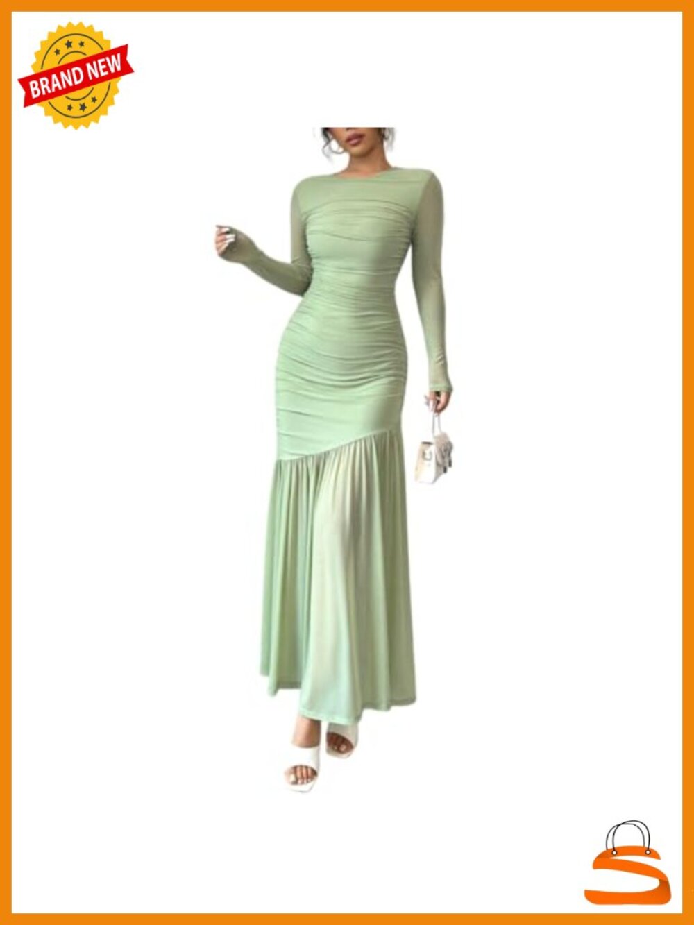 Women's Bodycon Maxi Dress Long Sleeve Mesh Ruched Formal Cocktail Gown